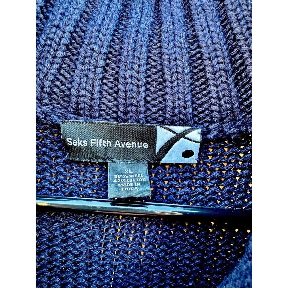 Saks Fifth Avenue Wool Cotton Knit Zip Cardigan Sweater Blue XL